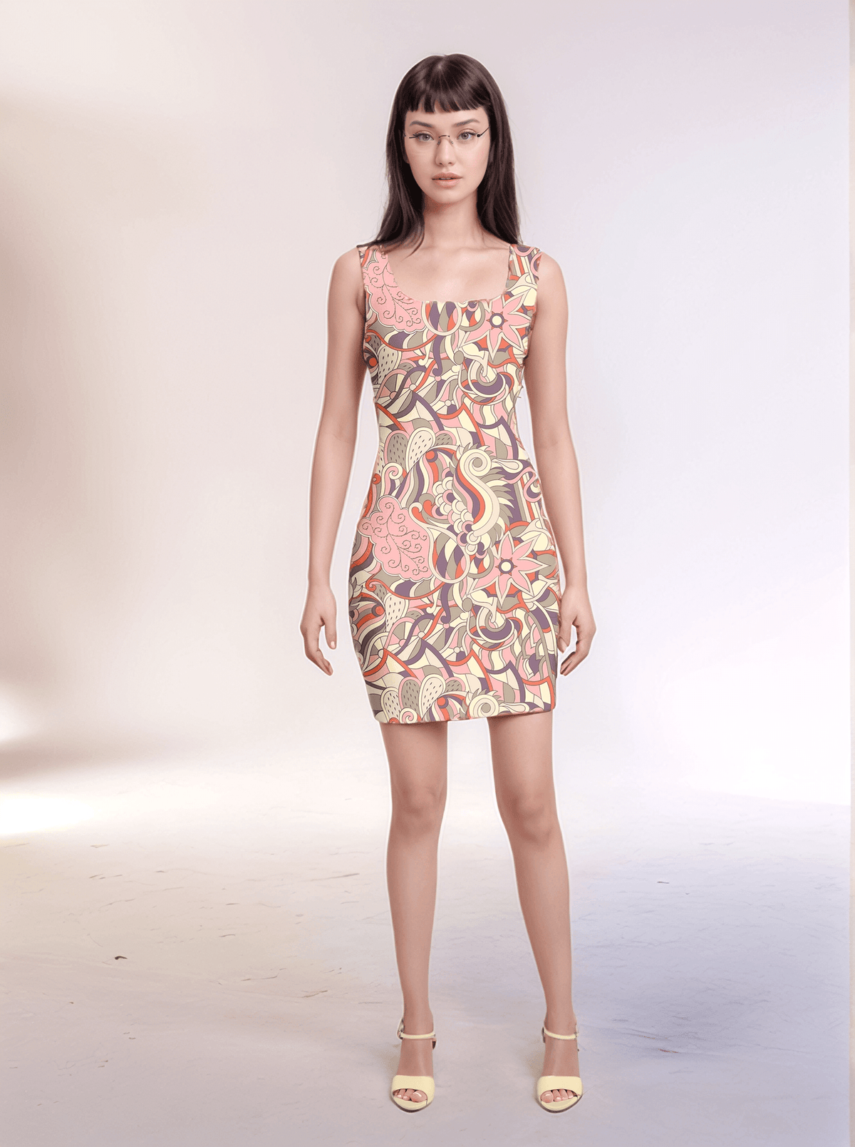 Amai Dress by Blissfully Brand featuring a vibrant abstract floral pattern design. Stylish and elegant mini dress with square neck. Retro Vintage Chic