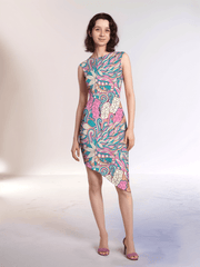 Arane asymmetrical statement dress in vibrant pink, blue, and green abstract floral pattern by Blissfully Brand, perfect for bold and confident Retro Chic fashionistas