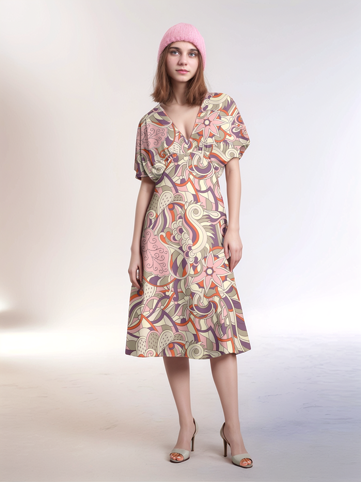 Amai printed boho dress by Blissfully Brand in a colorful beige pink abstract floral pattern and V-neck. Retro Chic