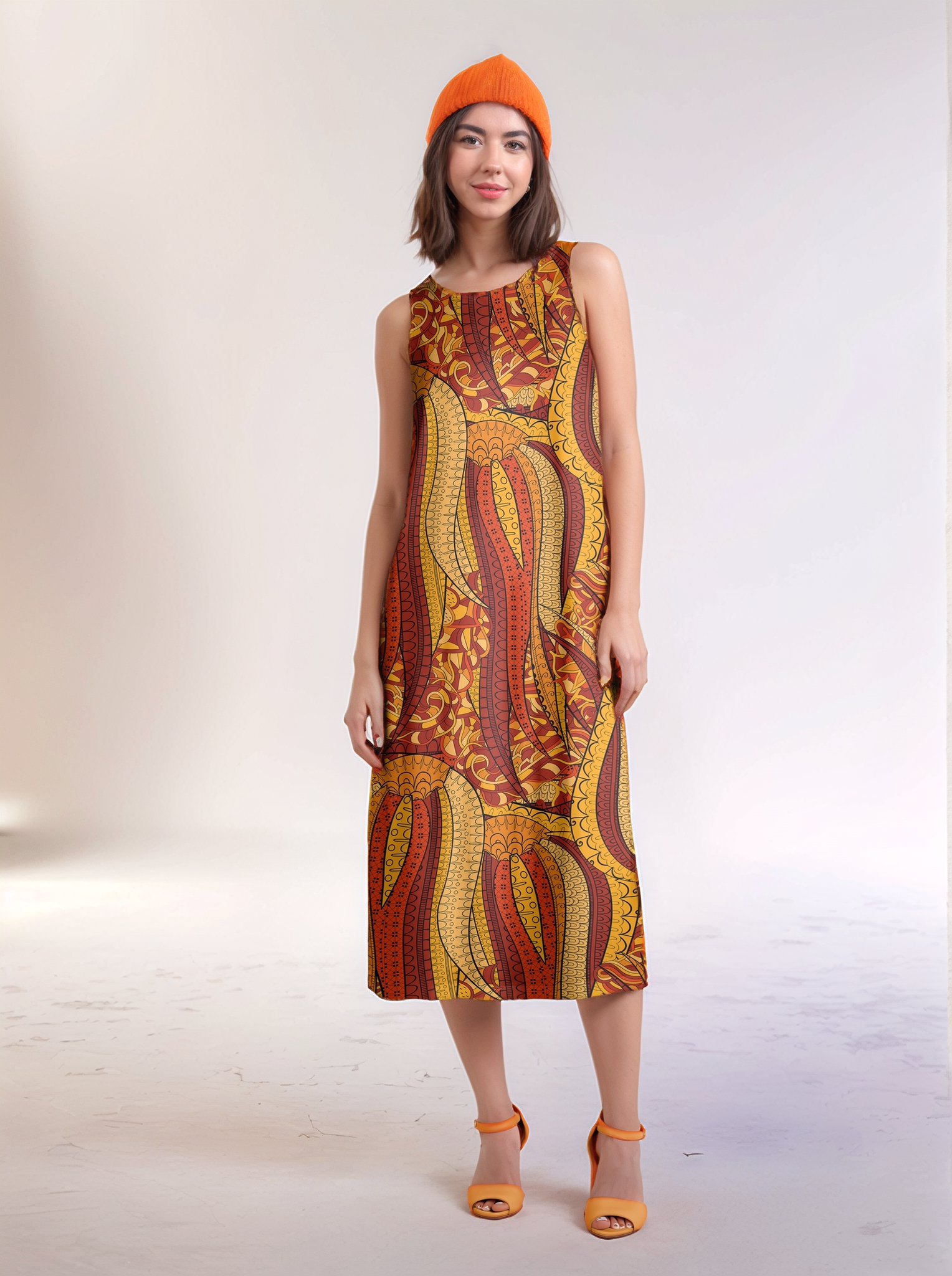 Ame sleeveless boho print maxi dress by Blissfully Brand, featuring a bold red and yellow abstract pattern. Retro Chic