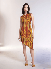 Ame dress by Blissfully Brand, a stunning asymmetrical dress with a vibrant orange and gold abstract print