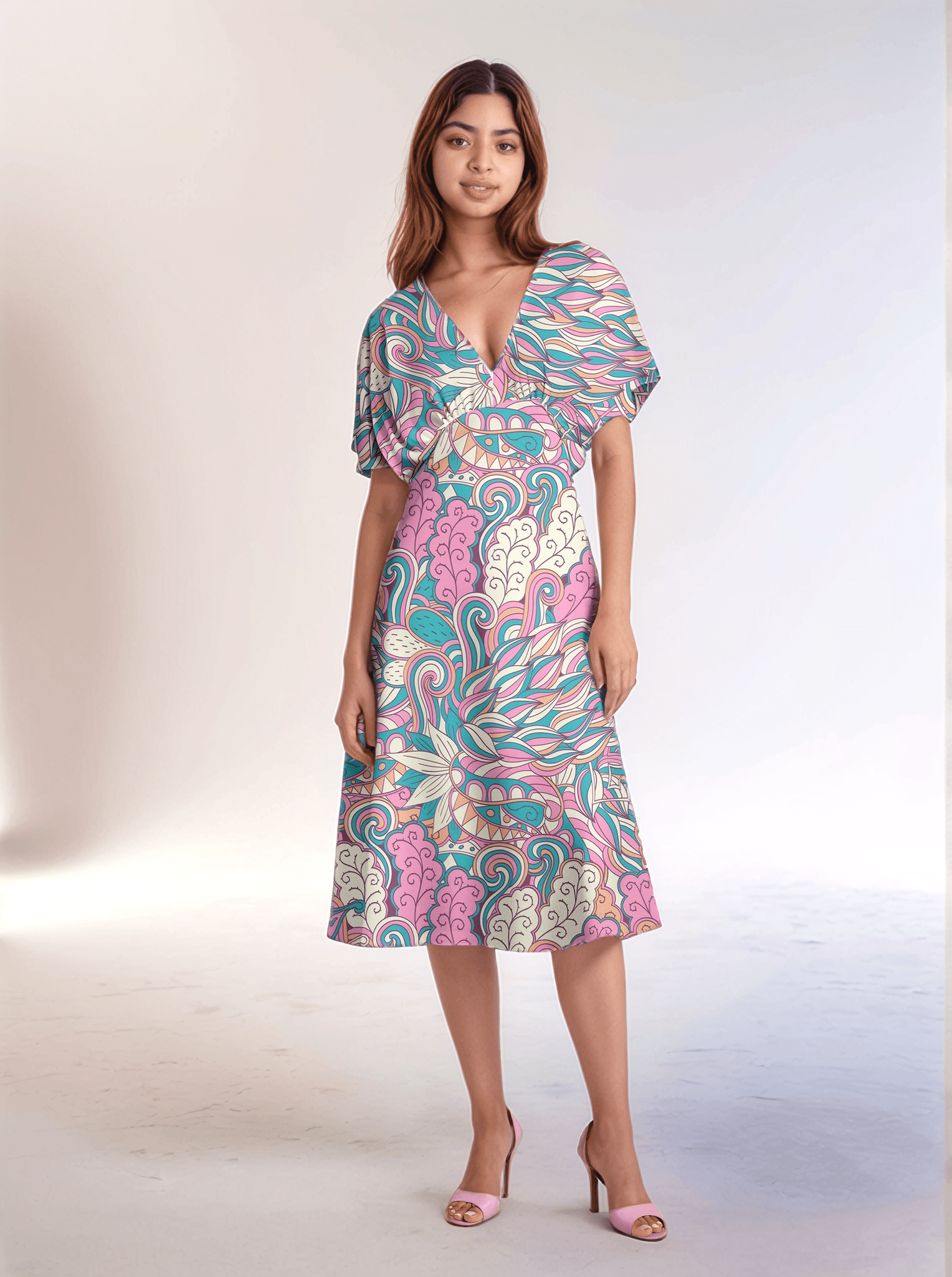 Arane midi dress, a vibrant pink and teal paisley floral retro chic print designed for the bold dresser who loves to make a statement.