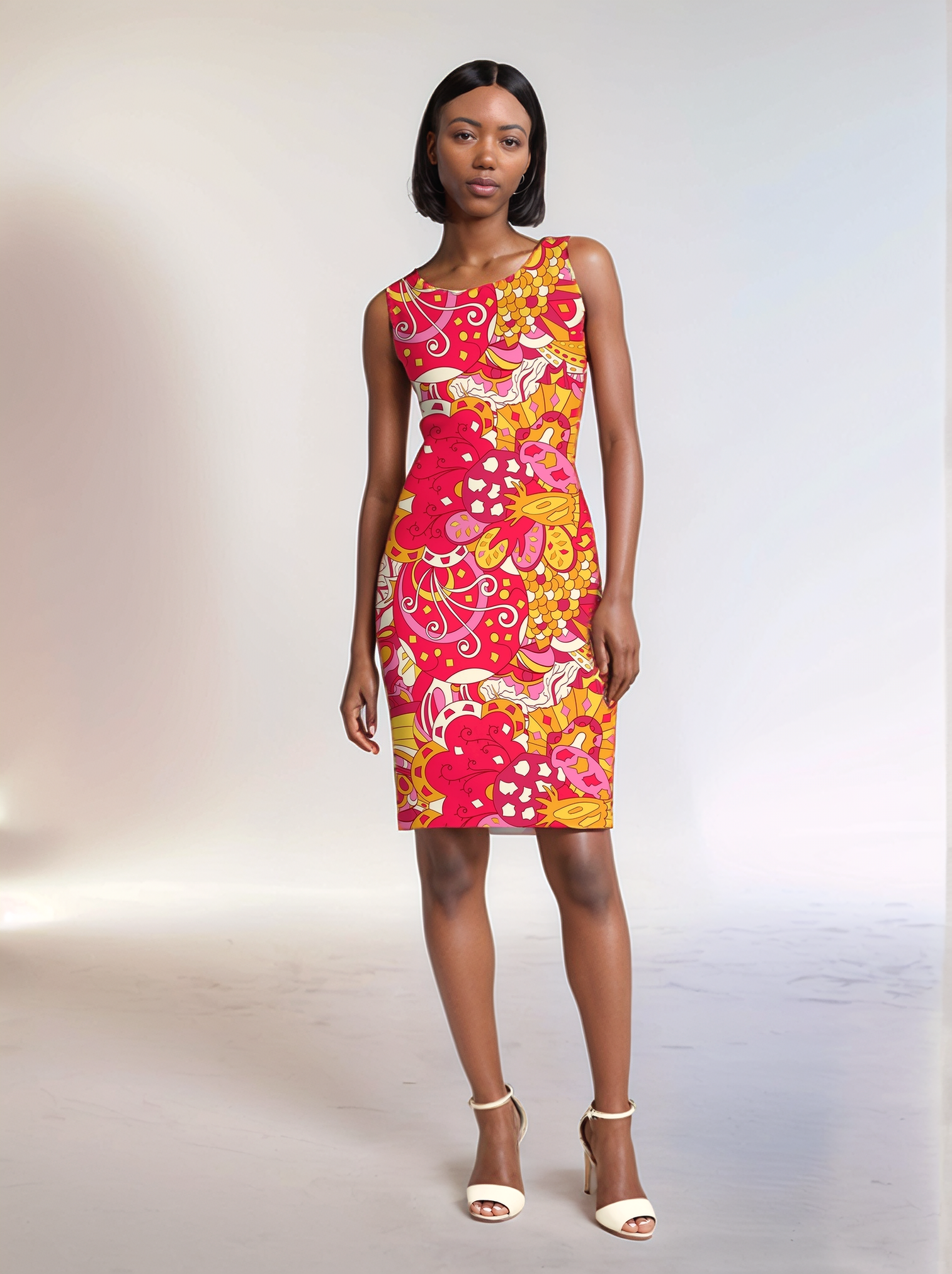 Bold and vibrant Decora knee length dress by Blissfully Brand in retro-inspired floral print, perfect for making a chic statement.