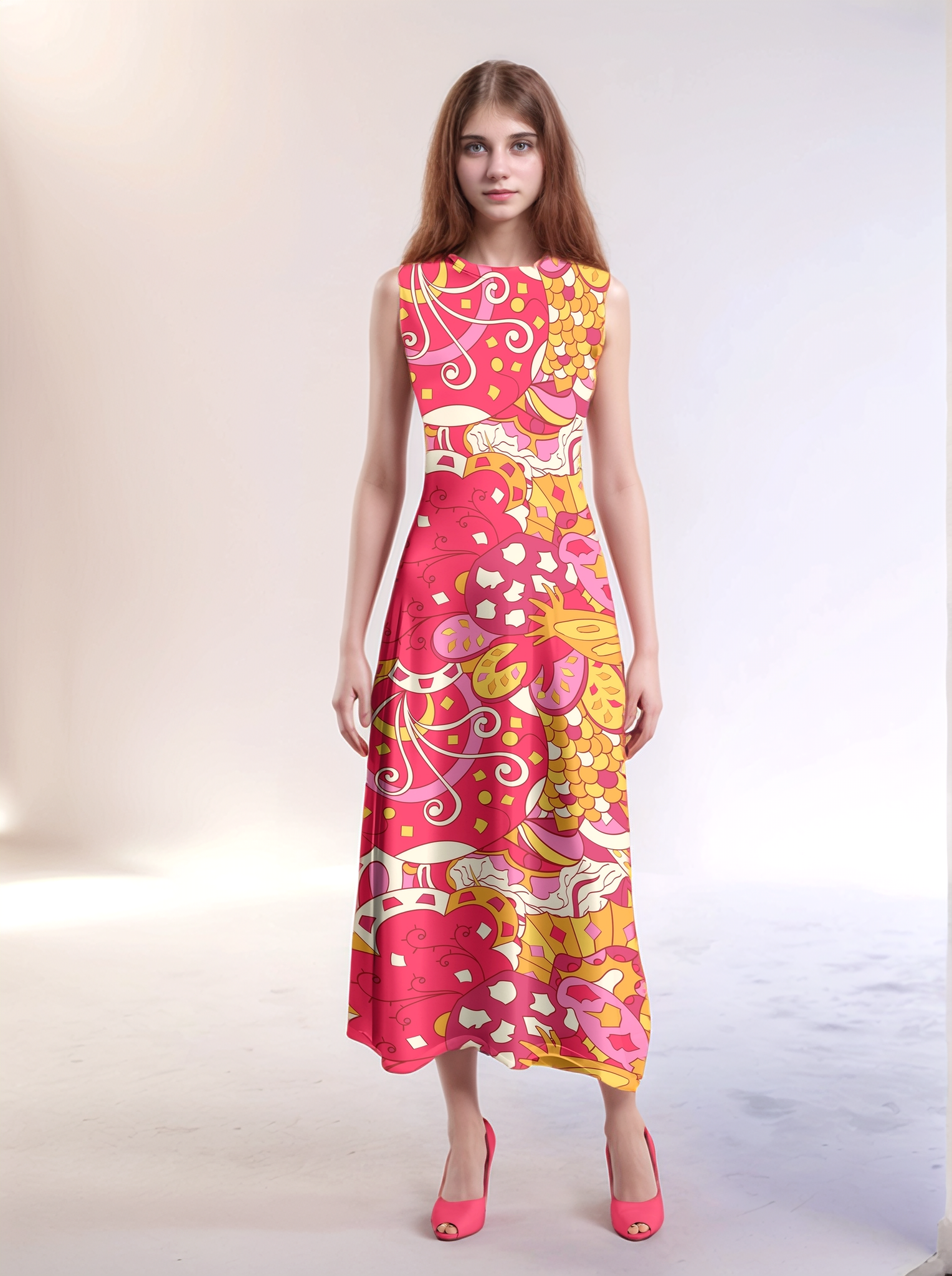 Vibrant and bold Decora maxi dress by Blissfully Brand in retro pink and yellow abstract print - perfect for making a chic statement with bold and vibrant colors with a vintage vibe.