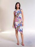 Bold and vibrant retro-chic Sechia dress by Blissfully Brand featuring a sleeveless design, asymmetrical hemline, and a colorful, psychedelic floral pattern perfect for statement-making fashion lovers.