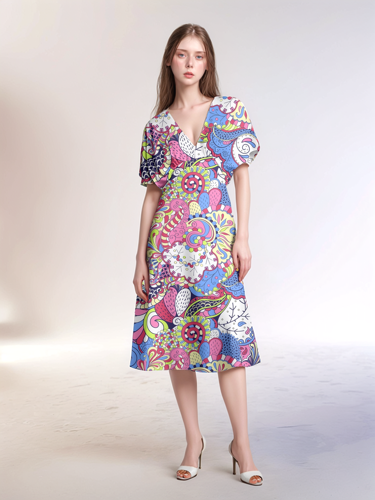 Sechia dress by Blissfully Brand featuring a vibrant, retro-inspired paisley and floral pattern in bold, colorful tones. A chic statement midi dress with a flattering V-neckline and short puff sleeves, perfect for bold, vibrant retro-chic dressers.