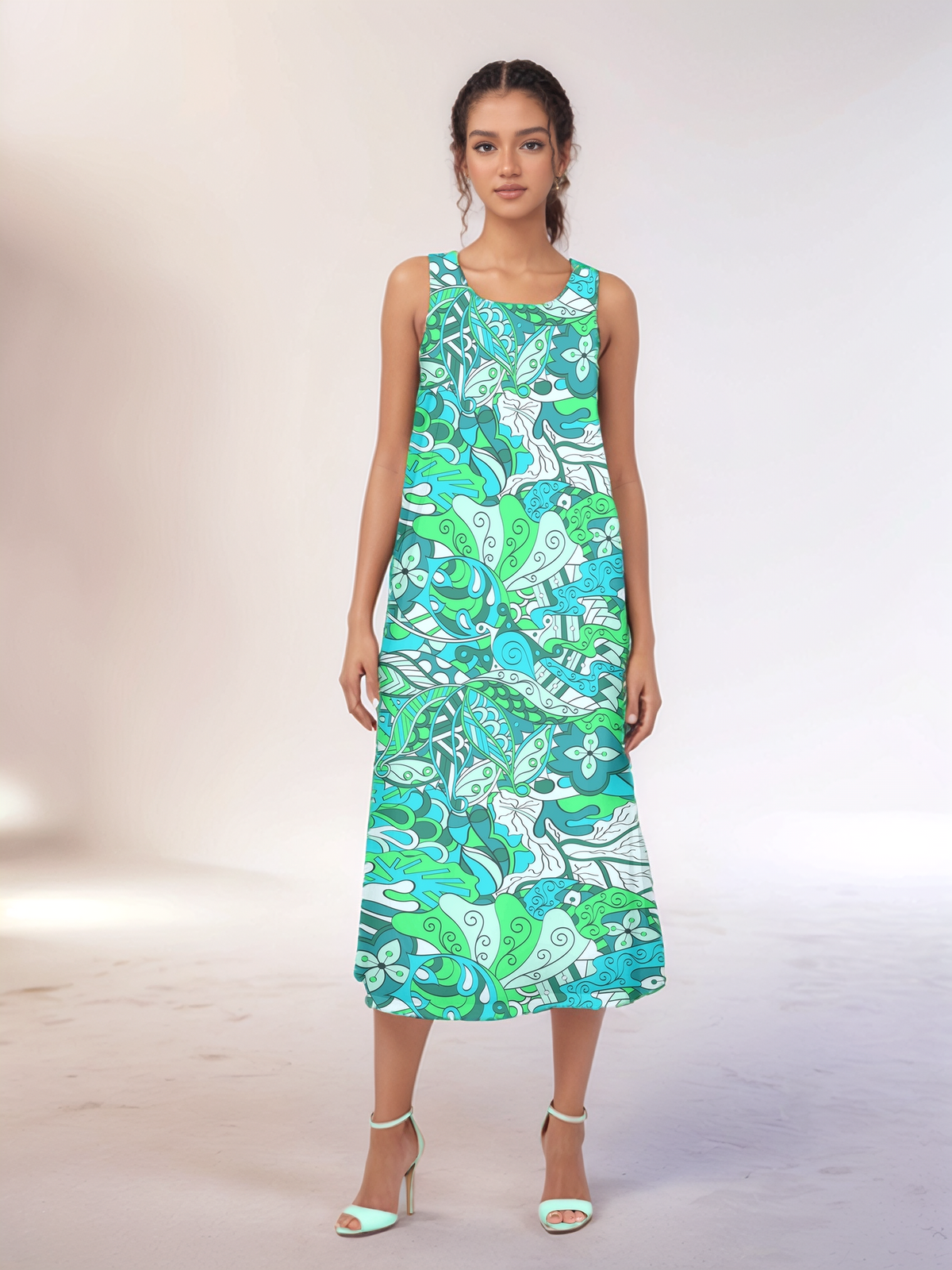 Umibe Dress by Blissfully Brand: A stunning sleeveless maxi dress in a swirling teal and lime green paisley print. Perfect for the retro-chic dresser who loves to make a statement.