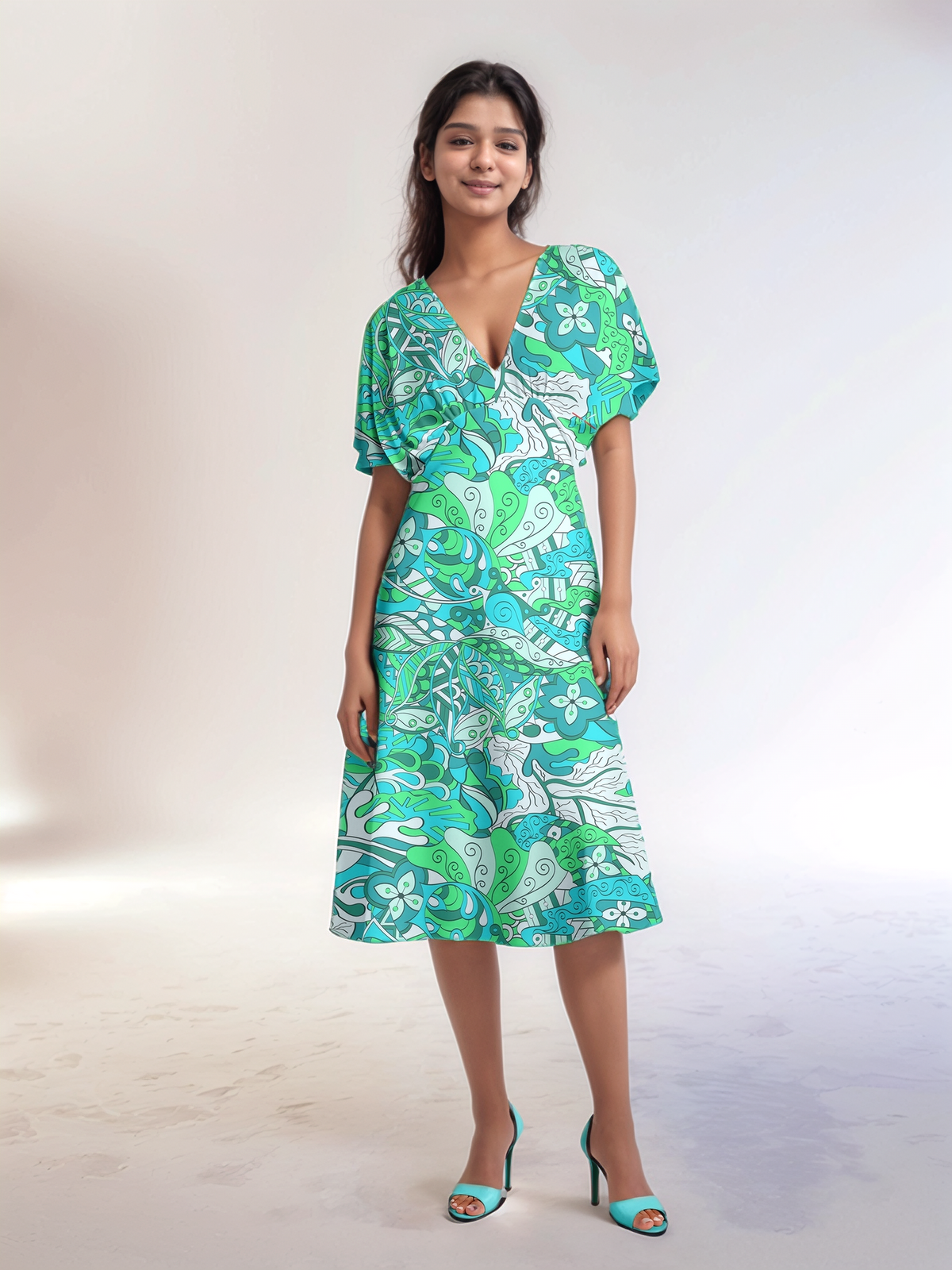 Bold retro-chic Umibe dress by Blissfully Brand featuring a vibrant green, turquoise, and white floral-psychedelic print with a V-neckline, flutter sleeves, and an A-line midi silhouette. Perfect for statement-makers embracing eclectic, vintage-inspired fashion