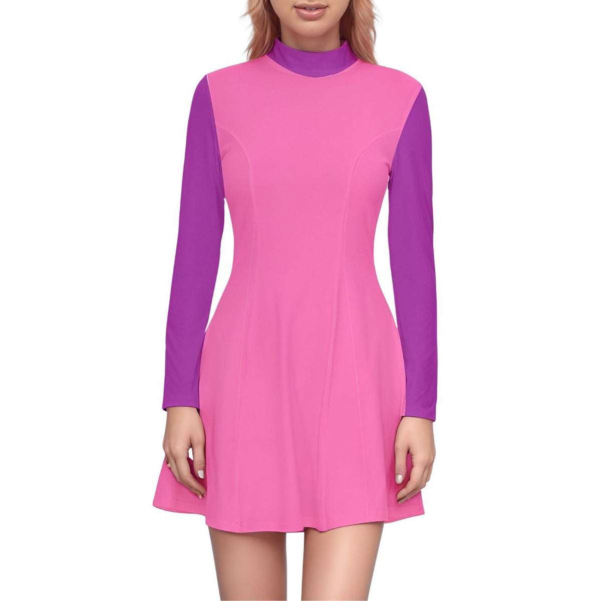 Stylish pink and purple Airline Series velour dress, A-line silhouette, high neck, long sleeves, modern retro style - Blissfully Brand