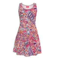 Baiu Mini Skater Dress - Scoop Neck Sleeveless Geometric Abstract Retro Pink Purple Green Swirls Kaleidoscope Doodle Multicolor Print Tangle Psychedelic Bold Vibrant