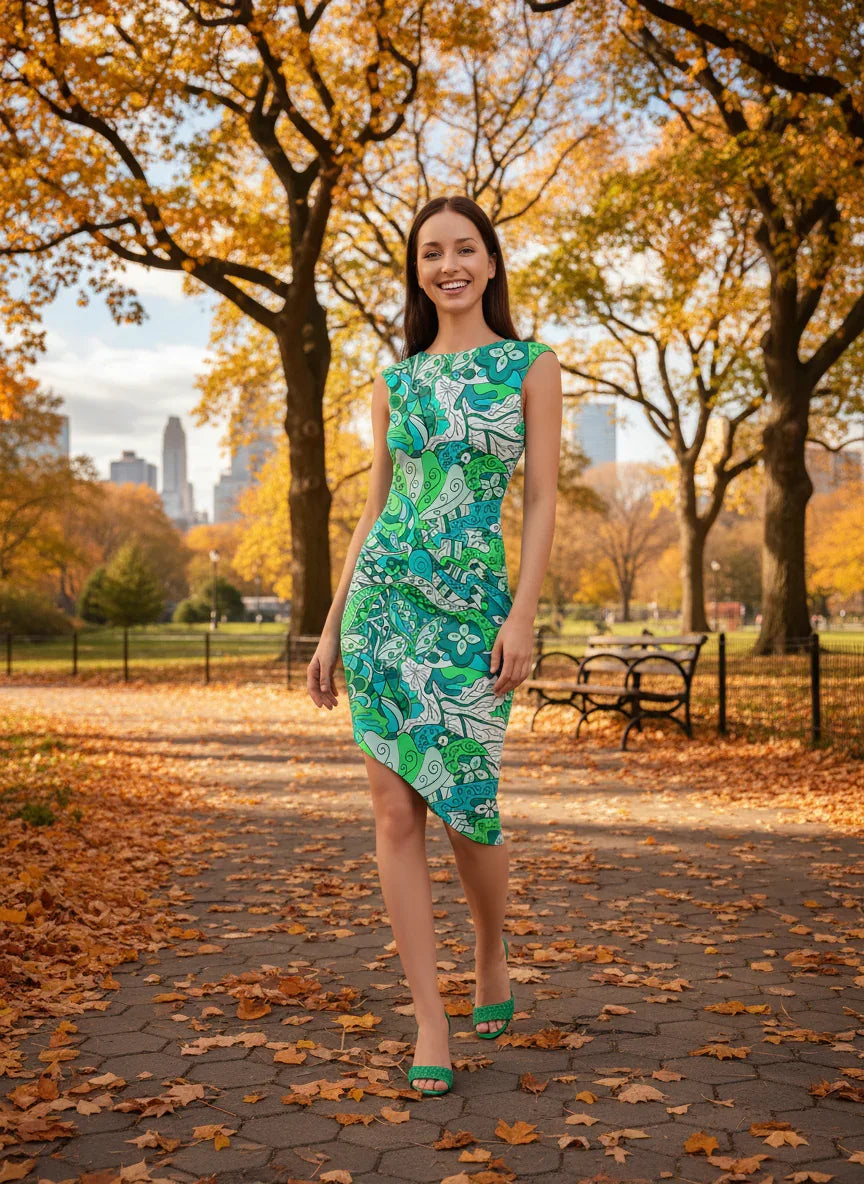 Umibe dress by Blissfully Brand featuring a bold, vibrant retro-chic pattern with swirling greens, blues, and floral motifs, designed in a sleeveless, asymmetrical hemline silhouette. Perfect for confident statement-makers who embrace unique, eye-catching fashion