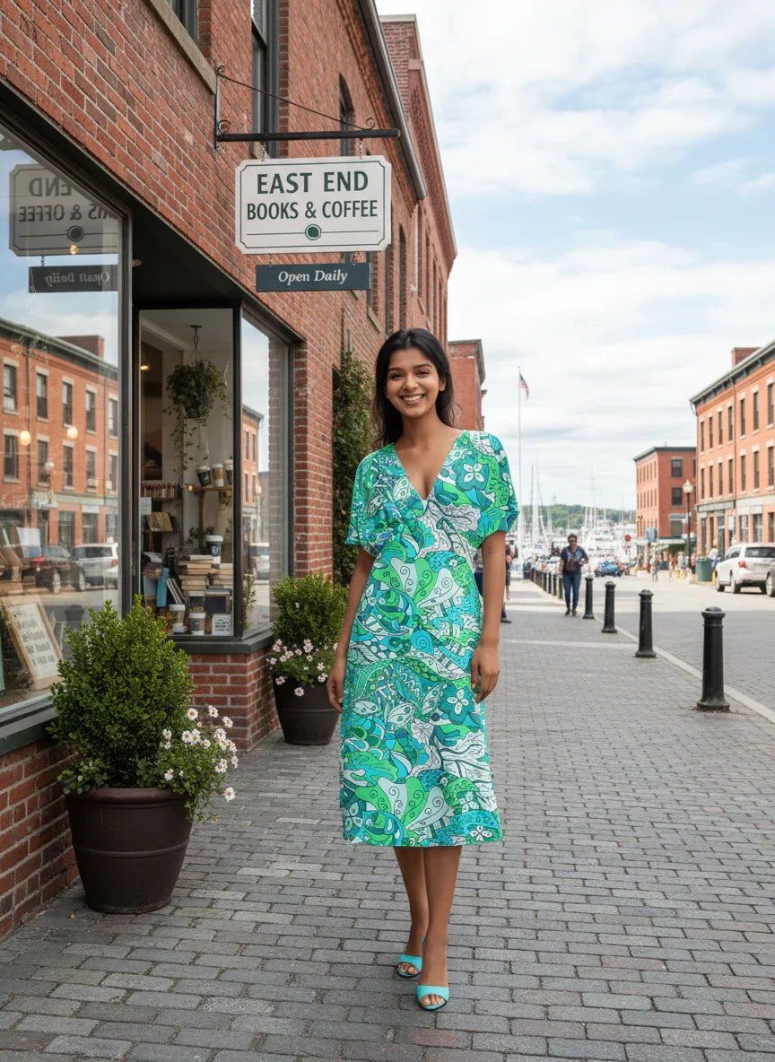 Bold retro-chic Umibe dress by Blissfully Brand featuring a vibrant green, turquoise, and white floral-psychedelic print with a V-neckline, flutter sleeves, and an A-line midi silhouette. Perfect for statement-makers embracing eclectic, vintage-inspired fashion