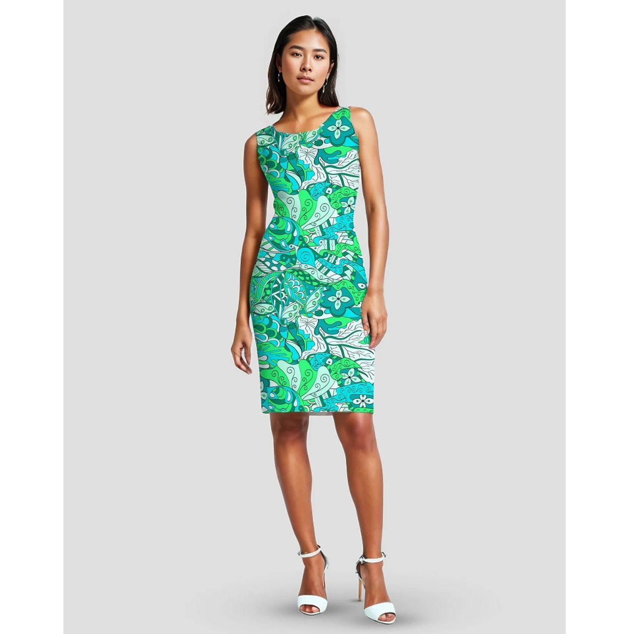 Umibe sleeveless above knee-length cocktail sheath dress botanical psychedelic abstract floral paisley swirls retro Designer Print Blue Green Round Neck Form fitted bodycon Blissfully Brand