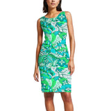 Umibe sleeveless above knee-length cocktail sheath dress botanical psychedelic abstract floral paisley swirls retro Designer Print Blue Green Round Neck Form fitted bodycon Blissfully Brand