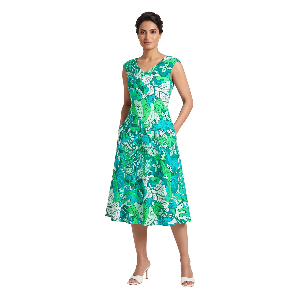 Woman wearing Umibe green and teal abstract botanical print fit and flare midi dress with pockets, V-neck front and back, Profonde Collection by Blissfully Brand