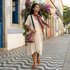 Unia Leather Bucket Bag — bold cherry red and burgundy botanical print on cream Nappa leather, gunmetal hardware, adjustable strap — London Bliss Collection by Blissfully Brand

