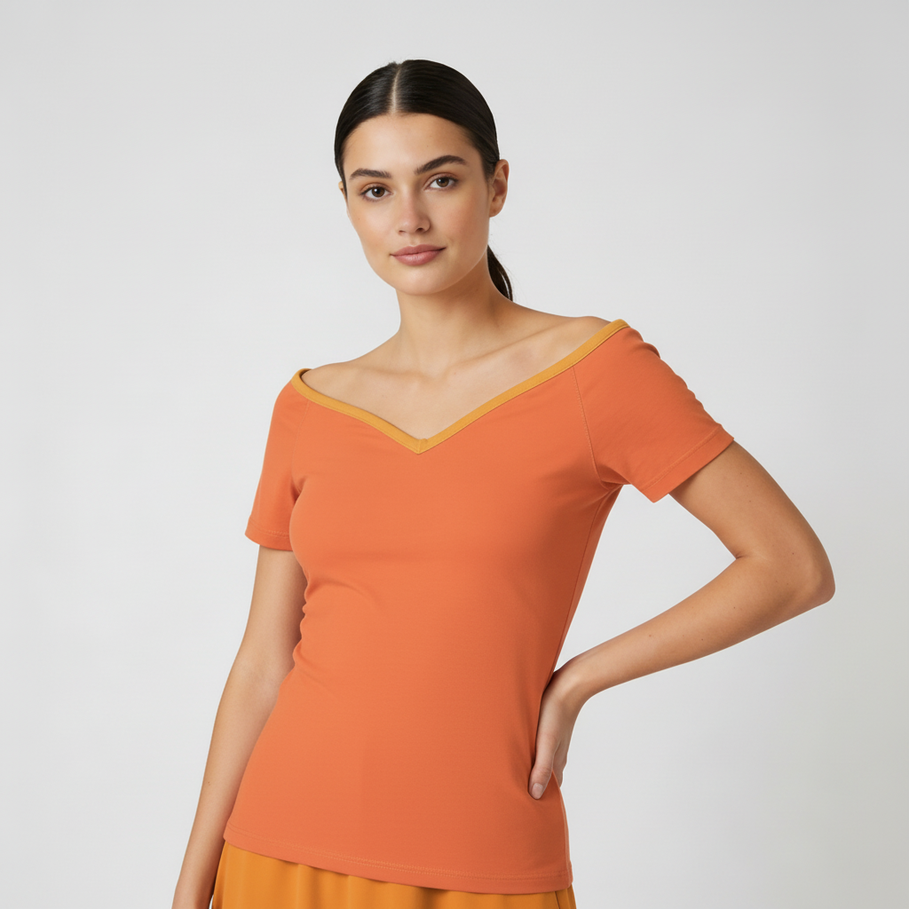 Orange Off Shoulder V-neck Fitted Tee - Core Series