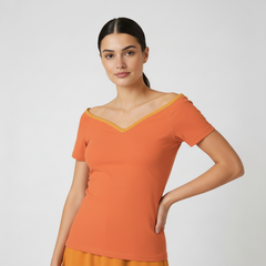 Orange Off Shoulder V-neck Fitted Tee - Core Series