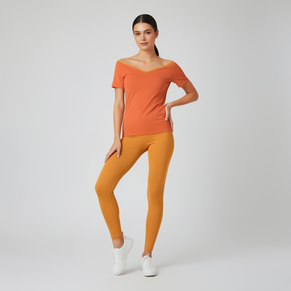 Orange Off Shoulder V-neck Fitted Tee - Core Series