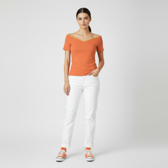 Orange Off Shoulder V-neck Fitted Tee - Core Series