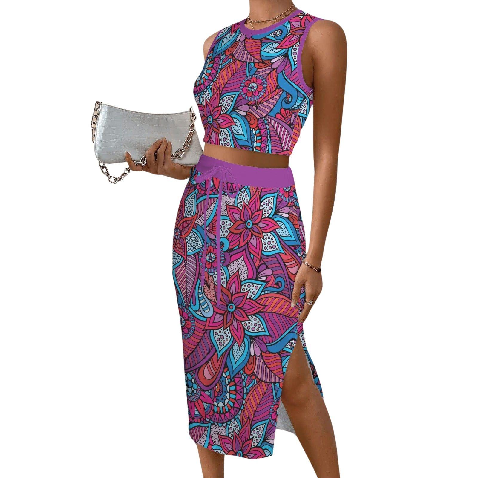 Colorful floral print two-piece outfit with crop top and midi skirt in vibrant turquoise, fuchsia, and purple tones Bold Retro Funky 