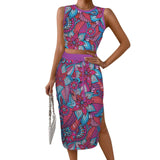 "Vibrant Viaje Print Series 2-Piece Set - Floral and Geometric Patterns Women's Crop Top and Pencil Midi Skirt with pockets and side slit. Retro Bold