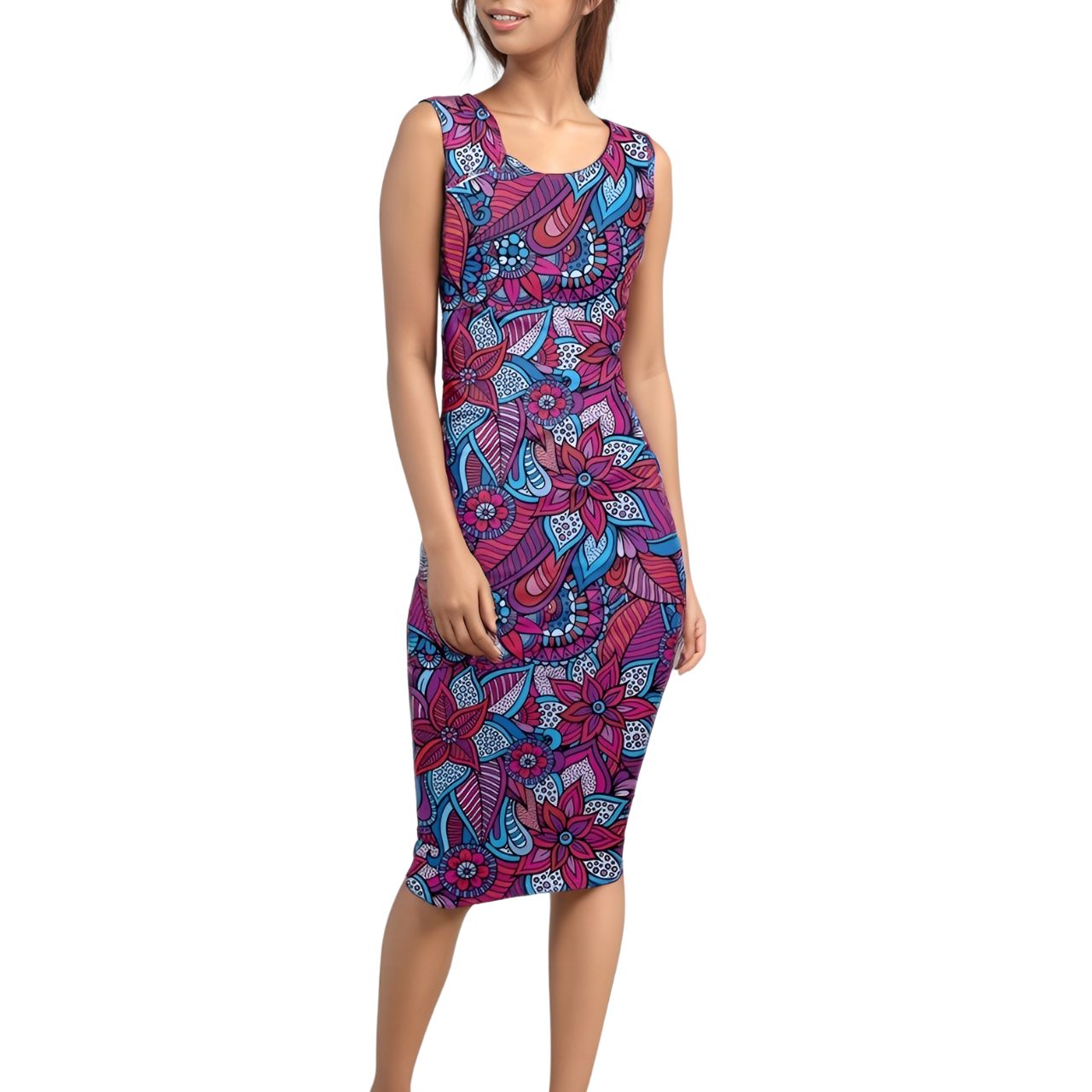 Viaje Vibrant floral pencil dress, stunning midi dress with a multicolored patterned design, showcasing its flattering bodycon silhouette - Blissfully Brand