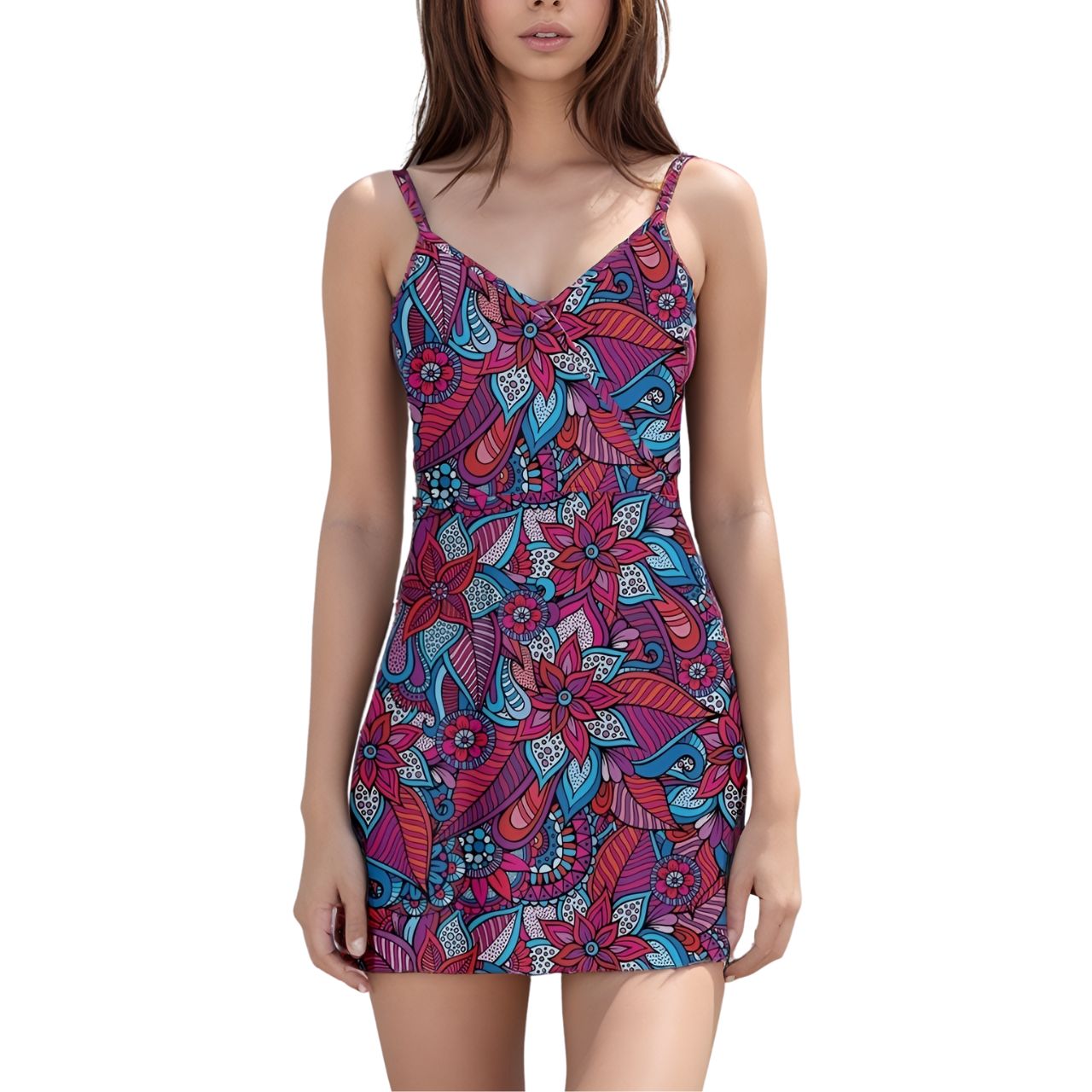 Vibrant floral print sundress with spaghetti straps in shades of purple, pink, and blue. Retro Psychedelic by Blissfully Brand