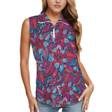 Sleeveless women's top with vibrant floral and paisley pattern in fuchsia, turquoise, and purple, featuring a half-zip front and collar. Blissfully Brand