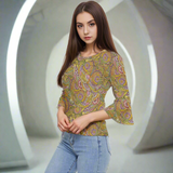 Bold Retro 70's inspired Psychedelic Paisley Print Top Bell Sleeves Vibrant Women's Blouse - Blissfully Brand