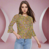 Retro Psychedelic Paisley Floral Print Top Bell Sleeves Vibrant Women's Blouse - Green Yellow Blissfully Brand