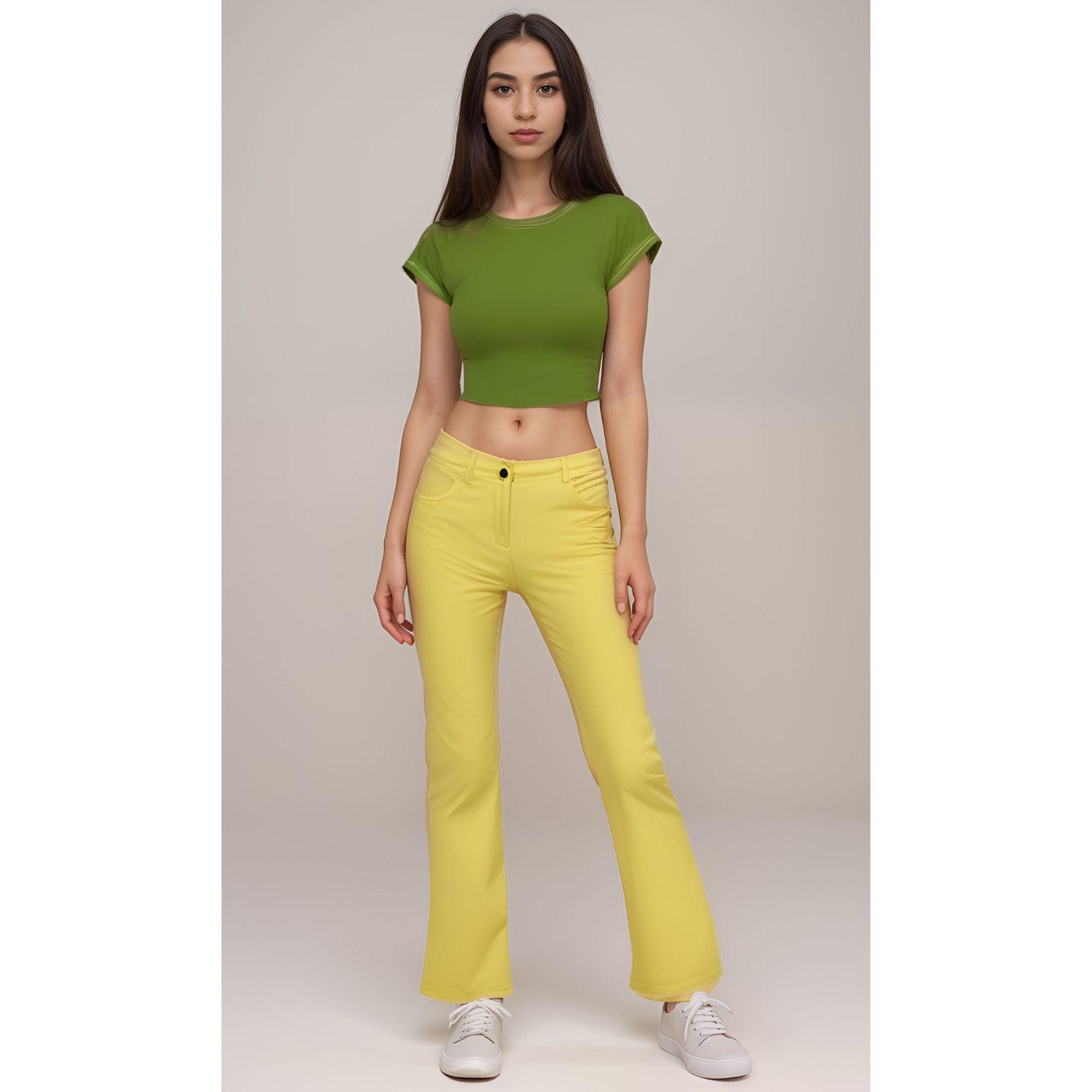 Retro women's flare pants with a vibrant shimmering yellow. The pants are flowy and comfortable, perfect for a bohemian look.