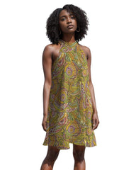 Vibrant green psychedelic paisley print halter dress with flowy silhouette - Retro Vibe style