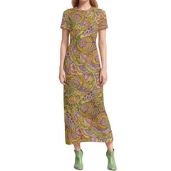 Wanda Print Long T-Shirt Dress - Yellow, Pink, and Green Bohemian Pattern Retro Paisley Chic - Vibrant & Bold Midi Dress - Blissfully Brand