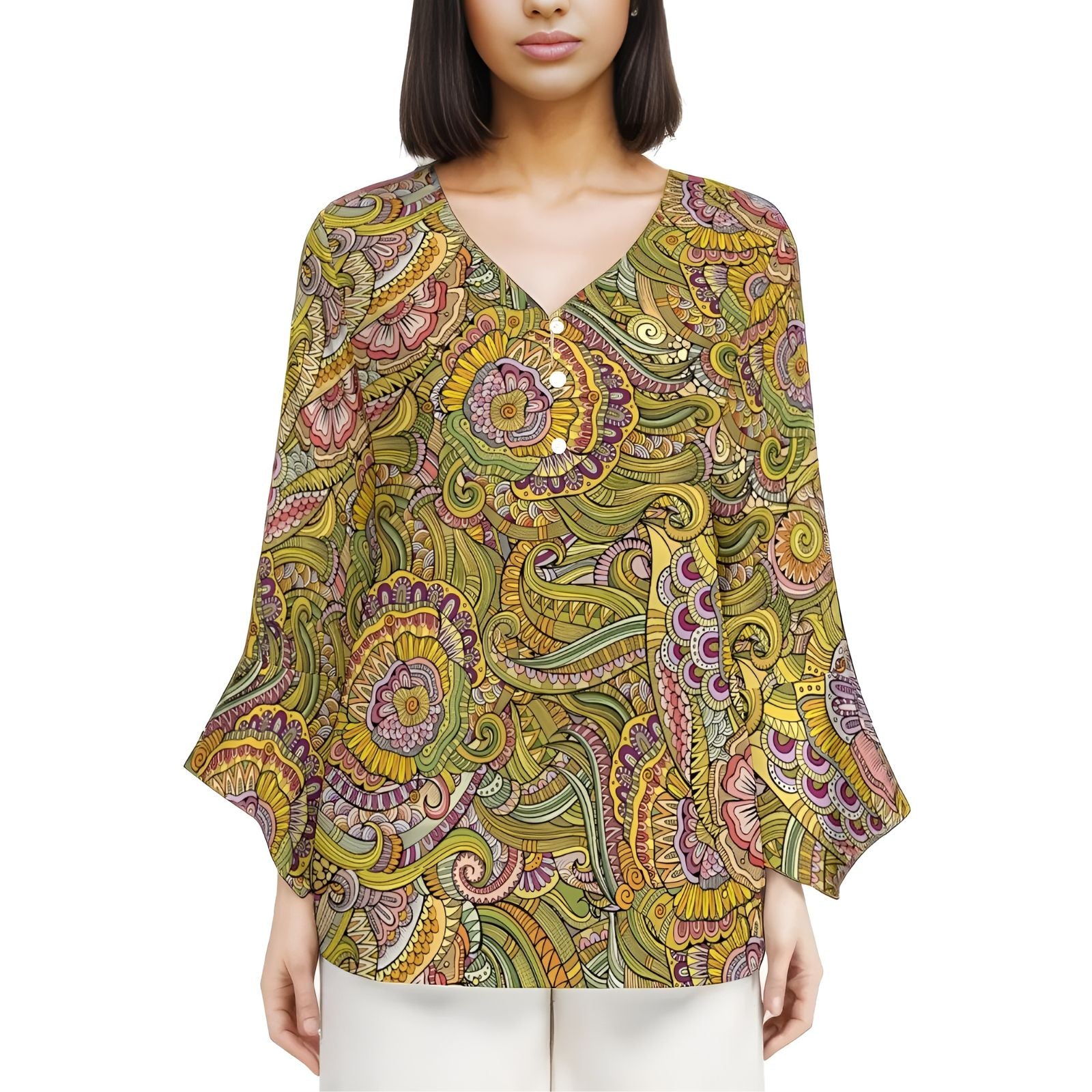 vibrant floral and paisley print top with petal sleeves. The relaxed top features a V-neckline and a three button closure. Retro Paisley Swirling Pattern - Green Blissfully Brand