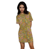  Vibrant Retro yellow, green, and pink paisley printed tee dress with short sleeves. The dress has a loose fit and is perfect for a casual or bohemian look.