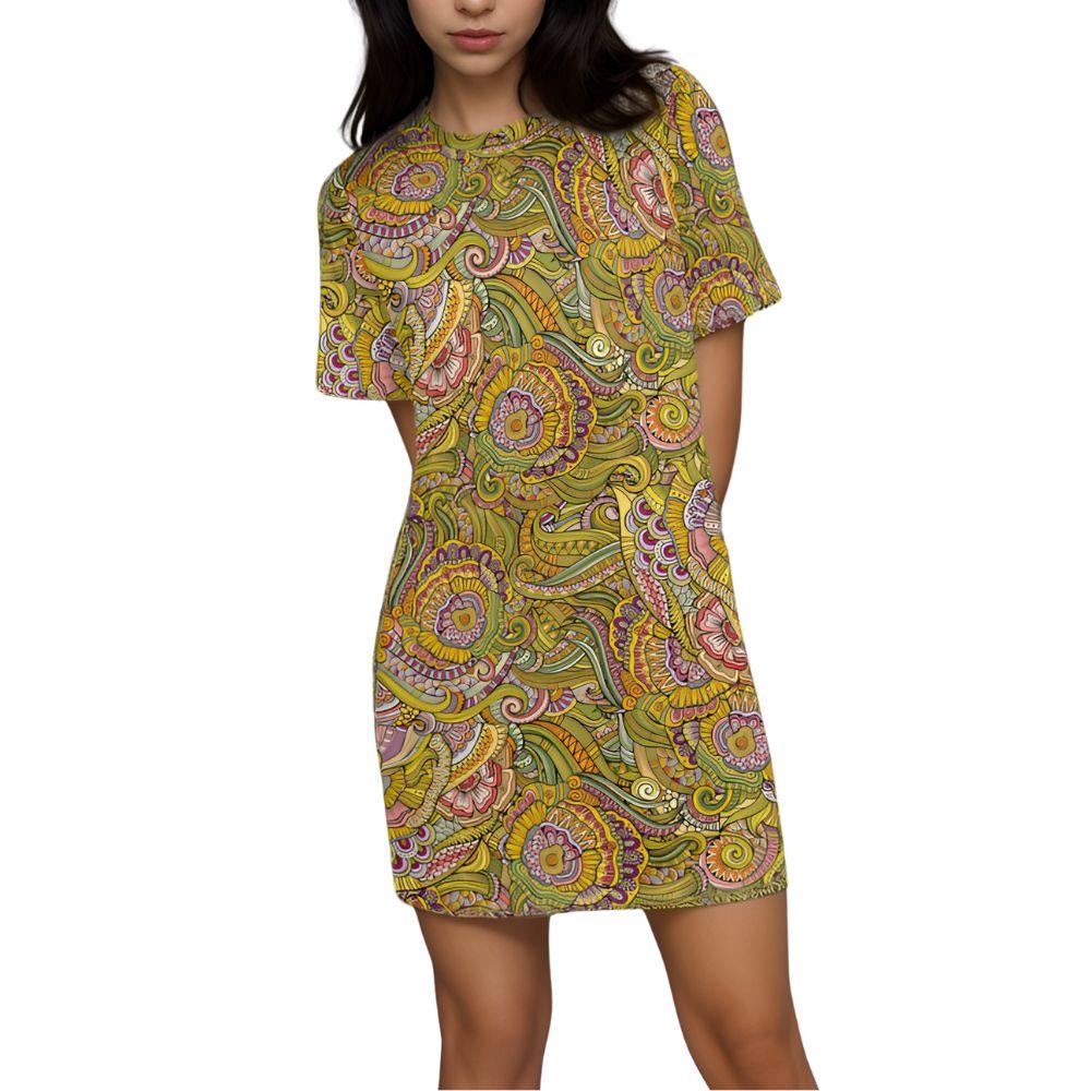 Colorful paisley print mini tee dress with short sleeves, retro bohemian style, vibrant yellow and green pattern