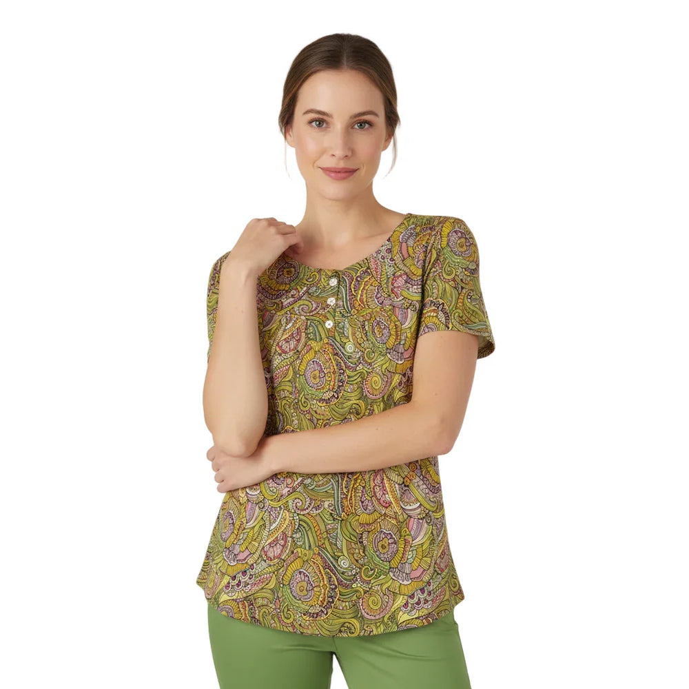 Scoop neck psychedelic paisley Short sleeve boho women's top blouse. Retro Green Yellow
