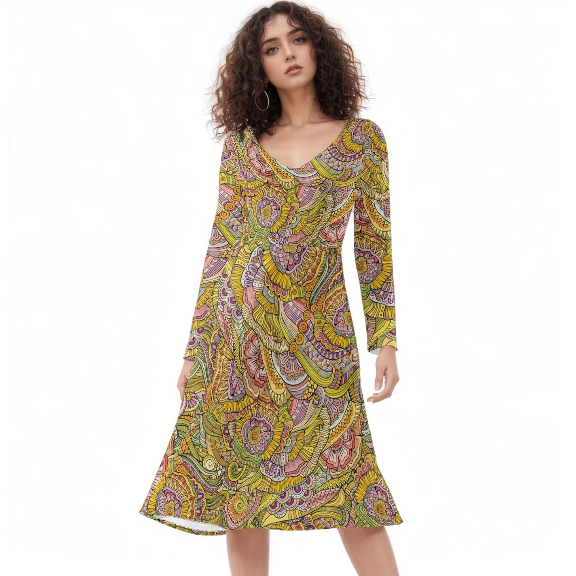 vibrant, retro paisley patterned A-Line dress with long sleeves and a V-neck