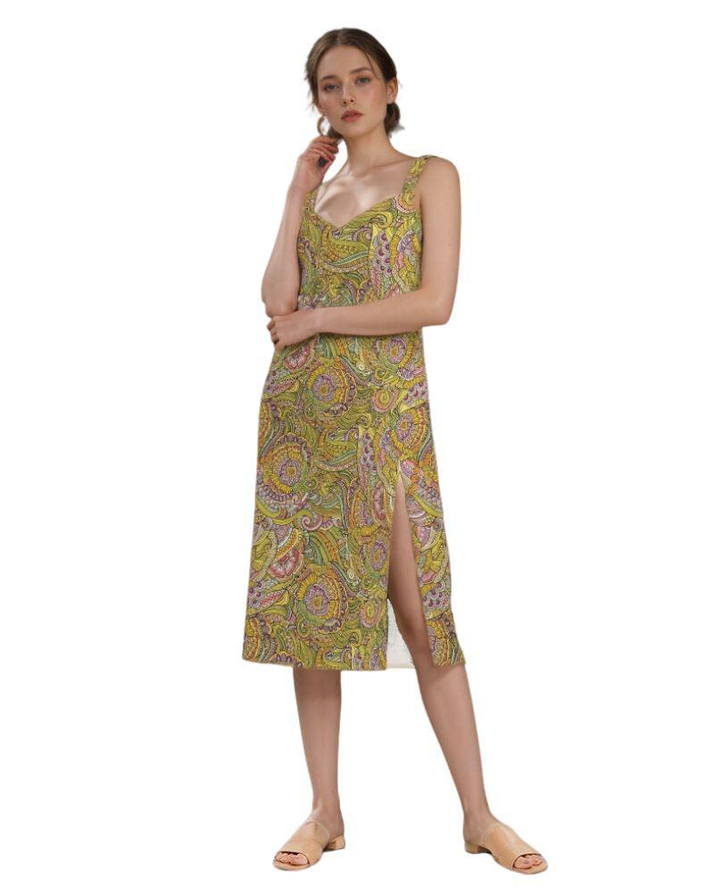 retro psychedelic green and pink paisley printed midi dress with spaghetti straps and a thigh-high slit.  chiffon