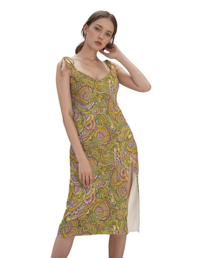 vibrant chiffon retro green and pink paisley printed midi dress with spaghetti straps and a thigh-high slit. 