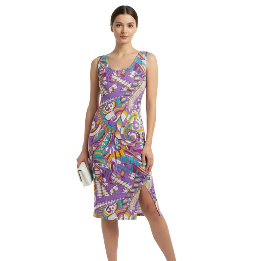 Yume Split Leg Fitted Bodycon Midi Dress - Abstract Violet Yellow Geometric All Over Print - Psychedelic - Retro - Swirls - Handmade in England - Blissfully Brand - Bold & Vibrant- Side Slit - Body Contour - Plus Size