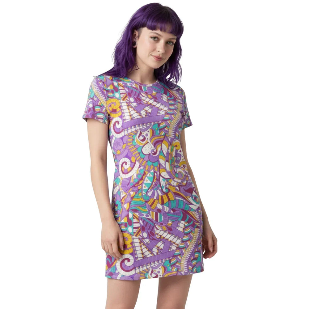 Yume Mini Tunic T-shirt Dress - Jersey & Velour - Abstract All Over Print - Retro - Psychedelic - Boho - Bold - Vibrant - Violet - Handmade in England - Blissfully Brand