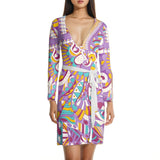 Yume Wrap Mini Dress - Violet Kaleidoscope Print Silky Jersey Abstract Retro Sinuous Lines Swirls Bold Vibrant  