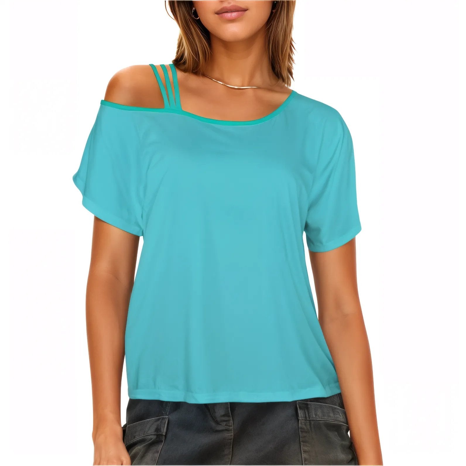 Kume light blue off shoulder cold three strap top contrast green trim solid coordinate summer chic Blissfully Brand