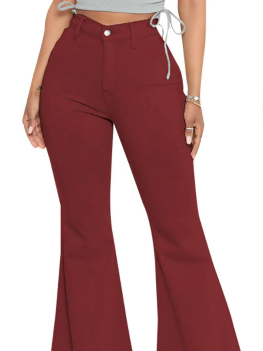 high-waist bell bottom flare jeans in red wash with dramatic wide leg silhouette and raw hem details Bliss & Tell By Blissfully Brand