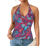 Vibrant Backless Halter Top with Floral Geometric Pattern in Fuchsia, Turquoise, and Violet Blissfully Brand