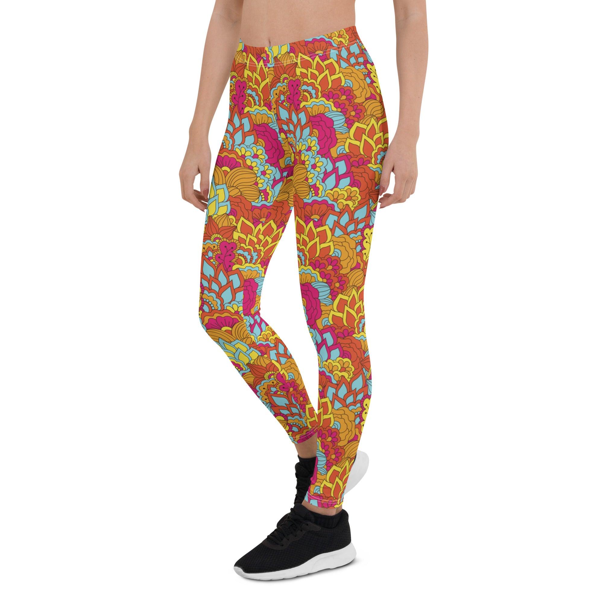 Inela Mid-Rise Leggings - Vibrant Flower Power Floral Print Retro Bold Funky Multicolor Women's Activewear Active Bottom