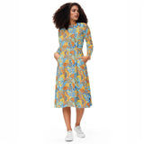 Pinsa Long Sleeve Fit & Flare Midi Dress - Paisley Psychedelic Floral Blue Yellow Orange Multicolor Kaleidoscope Retro Funky Bold Vibrant Pockets Boat Neck All Over Print