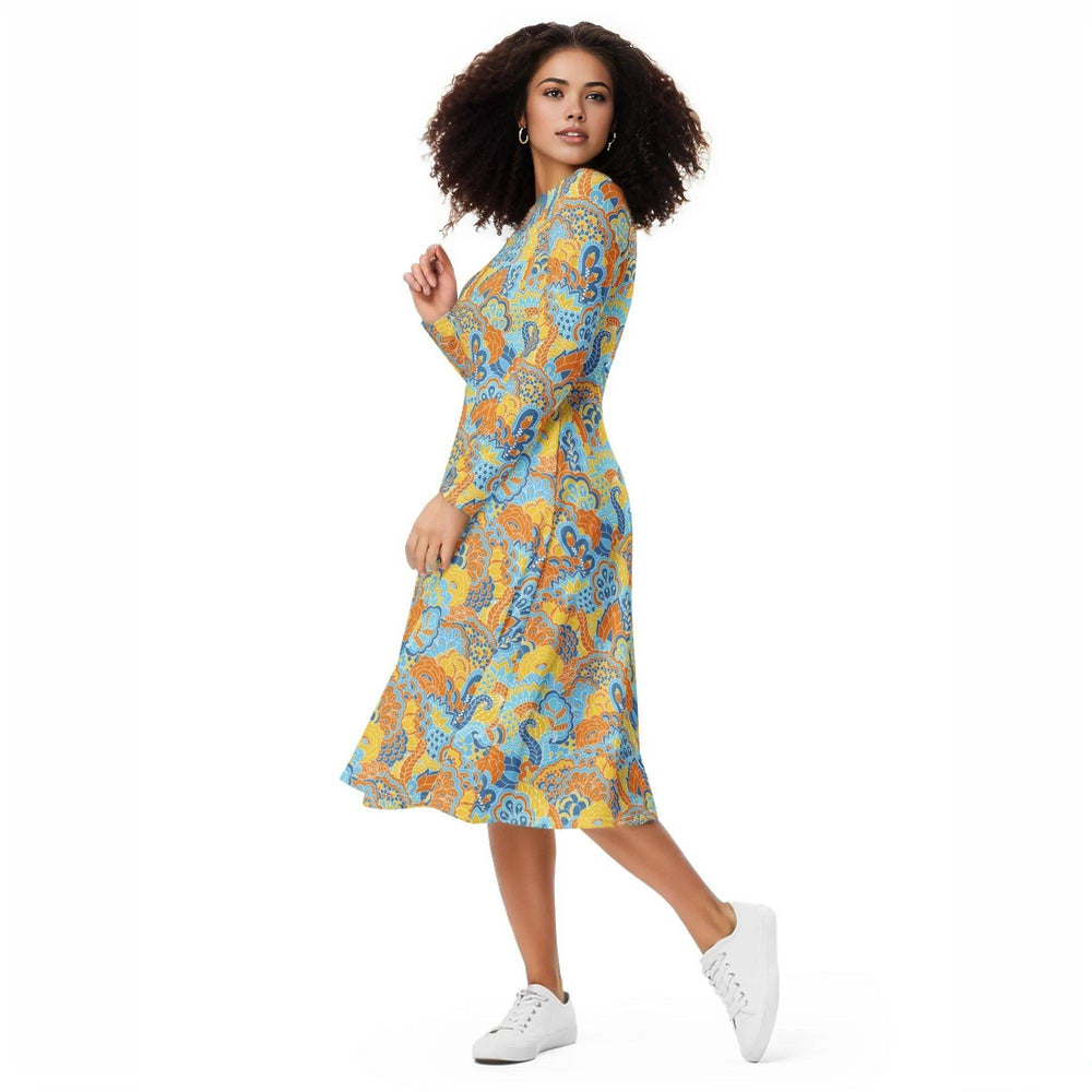 Pinsa Long Sleeve Fit & Flare Midi Dress - Paisley Psychedelic Floral Blue Yellow Orange Multicolor Kaleidoscope Retro Funky Bold Vibrant Pockets Boat Neck All Over Print